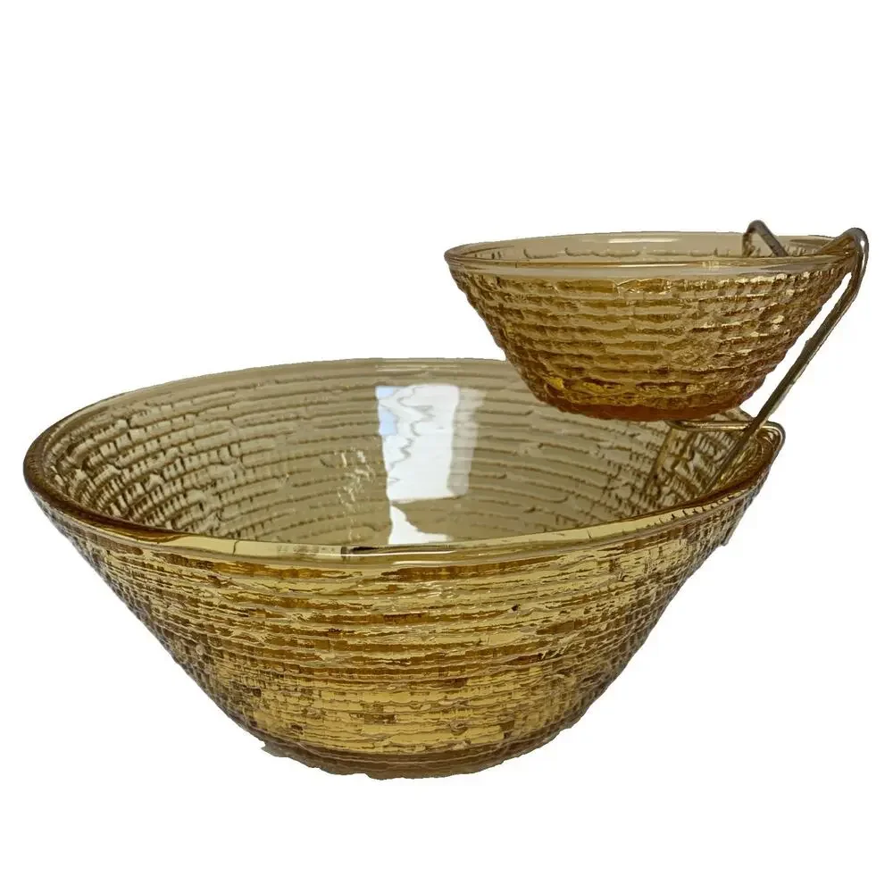 Vintage Anchor Hocking Soreno Amber Glass Chip and Dip Bowl Set w/ Holder